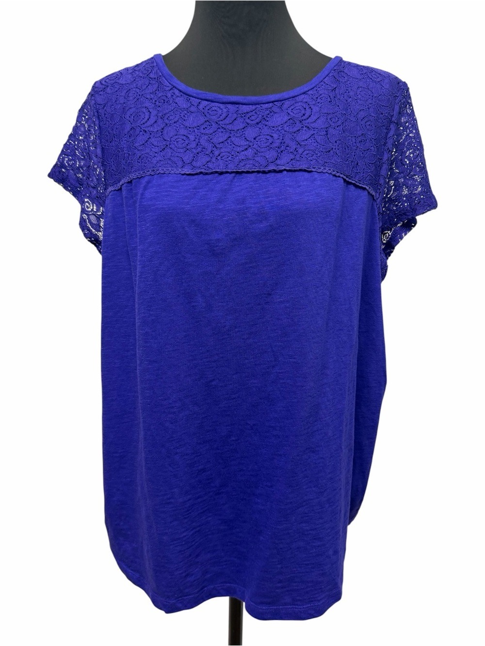 Liz Claiborne Woman 1X Cobalt Blue Purple Lace Short Sleeve Knit Top
